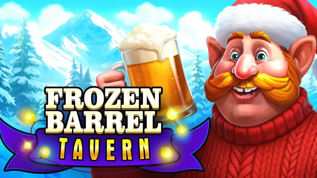 Suasana kedai musim dingin yang hangat di slot Frozen Barrel Tavern