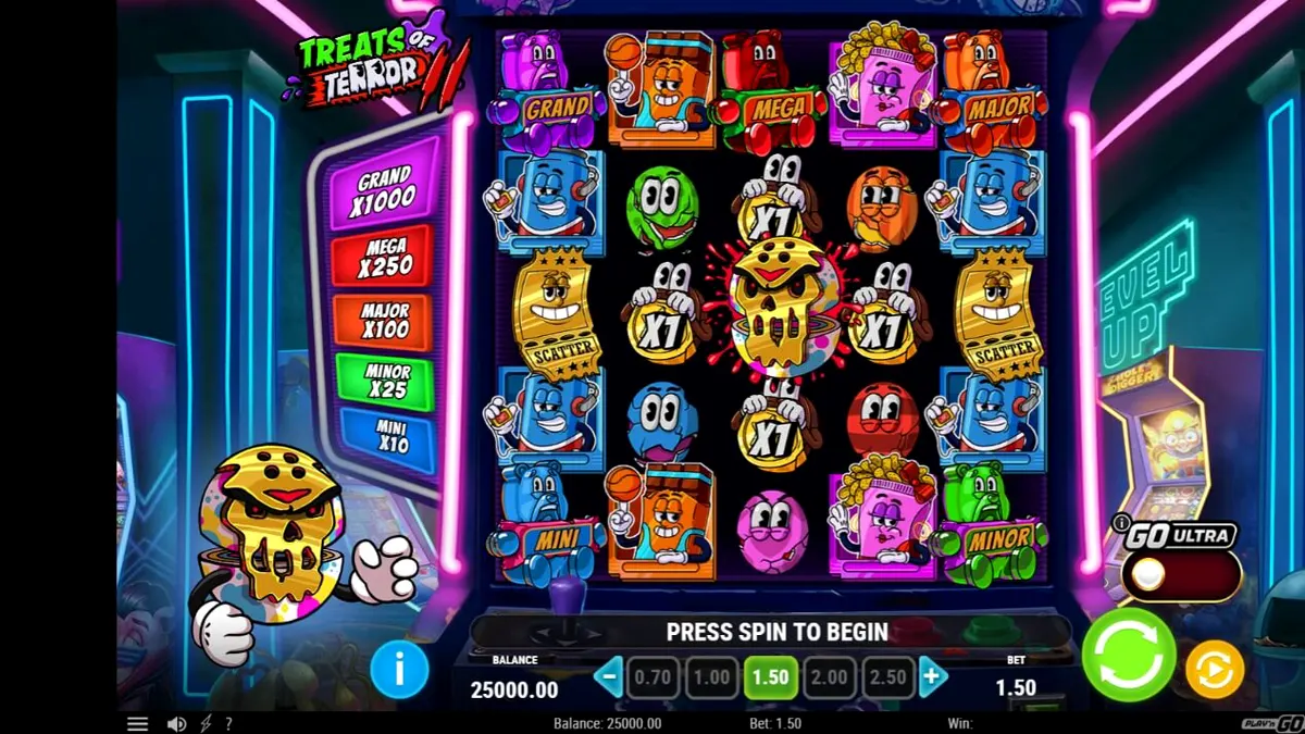Tampilan visual neon retro dari slot Treats of Terror 2